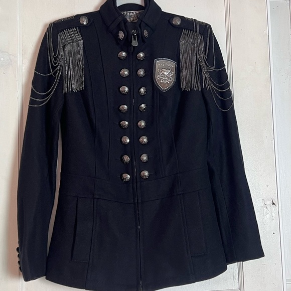 RARE ED HARDY WOOL BLEND MILITARY STEAMPUNK COAT NAVY XS EUC CHAIN EPAULETS - Picture 3 of 15